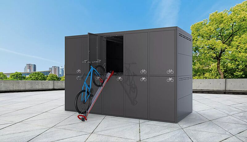 Fahrradgarage FULLERTON-E für 10 Fahrräder, doppelstöckig, für Zugangs- und Buchungssystem SmartBikeBox®, Höhe x Breite x Tiefe 2885 mm x 4483 mm x 2100 mm, Stahlkonstruktion in RAL 7016 anthrazitgrau, Beschriftung gegen Mehrpreis