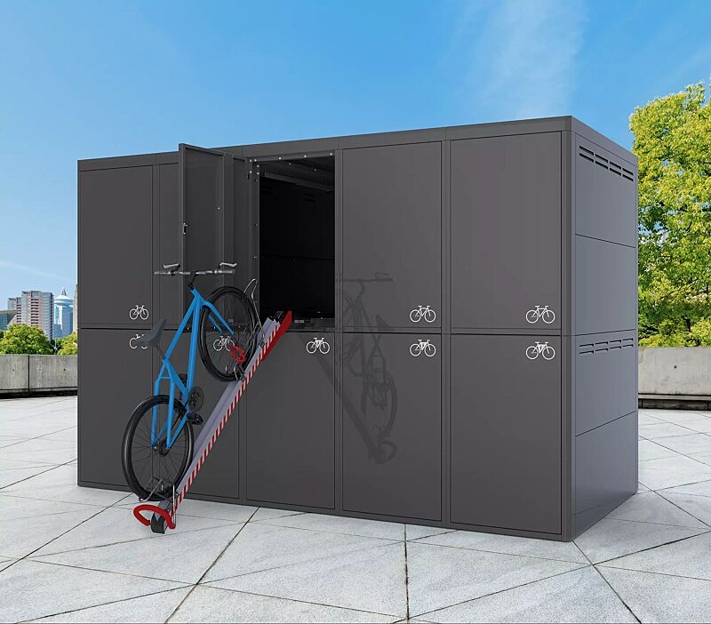 Fahrradgarage FULLERTON-E für 10 Fahrräder, doppelstöckig, für Zugangs- und Buchungssystem SmartBikeBox®, Höhe x Breite x Tiefe 2860 mm x 4420 mm x 2100 mm, Stahlkonstruktion in RAL 7016 anthrazitgrau, Beschriftung gegen Mehrpreis