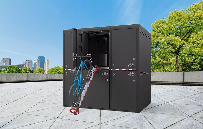fahrradgarage-fullerton-key__shoKAT0072237 Fahrradgarage FULLERTON-KEY XL für 6 Fahrräder, doppelstöckig, Höhe x Breite x Tiefe 2885 mm x 2912 mm x 2100 mm, mit Sicherheitsmarkierung, Stahlkonstruktion in RAL 7016 anthrazitgrau, Beschriftung gegen Mehrpreis