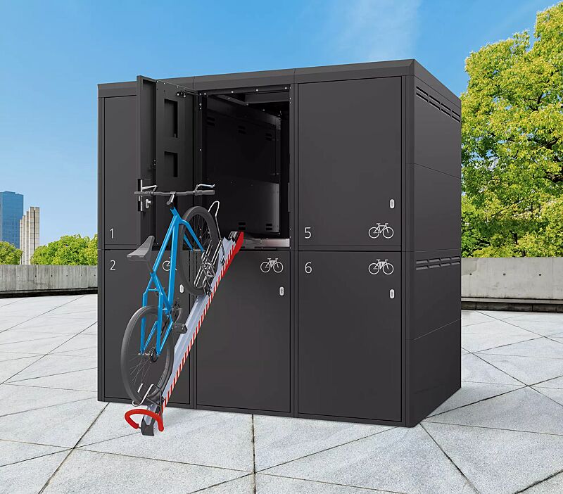 Fahrradgarage FULLERTON-KEY XL für 6 Fahrräder, doppelstöckig, Höhe x Breite x Tiefe 2885 mm x 2912 mm x 2100 mm, Stahlkonstruktion in RAL 7016 anthrazitgrau, Beschriftung gegen Mehrpreis 