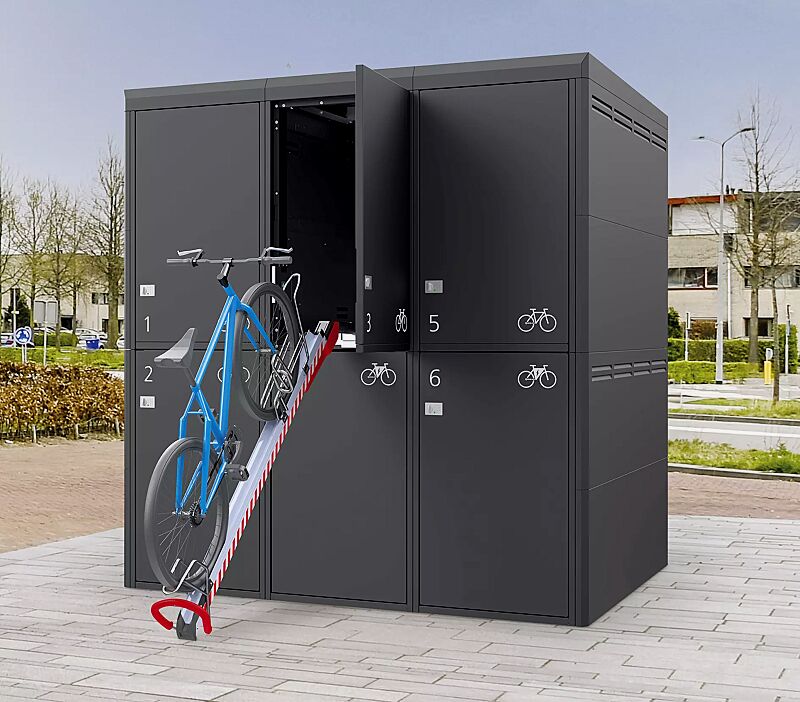 Fahrradgarage FULLERTON-PIN für 6 Fahrräder, doppelstöckig, Höhe x Breite x Tiefe 2885 mm x 2738 mm x 2100 mm, Stahlkonstruktion in RAL 7016 anthrazitgrau, Beschriftung gegen Mehrpreis 