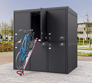 Fahrradgarage FULLERTON-PIN für 6 Fahrräder, doppelstöckig, Höhe x Breite x Tiefe 2945 mm x 2738 mm x 2100 mm, mit Sicherheitsmarkierung, Stahlkonstruktion in RAL 7016 anthrazitgrau, Beschriftung gegen Mehrpreis