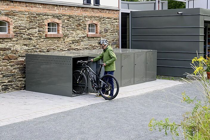 Fahrradgarage LEXINGTON NEW mit Giebeldach, 1 Grund und 5 Anbaueinheiten, Türanschlag DIN rechts, Münzpfandschloss, Stahlkonstruktion in RAL 7009 grüngrau