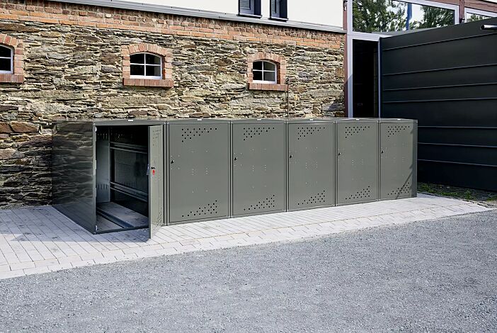 Fahrradgarage LEXINGTON NEW mit Giebeldach, 1 Grund und 5 Anbaueinheiten, Türanschlag DIN rechts, Münzpfandschloss, Stahlkonstruktion in RAL 7009 grüngrau