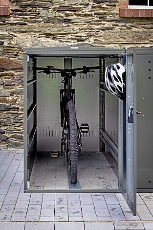 Fahrradgarage LEXINGTON NEW mit Giebeldach, Grundeinheit, Türanschlag DIN rechts, Münzpfandschloss, Stahlkonstruktion in RAL 7009 grüngrau