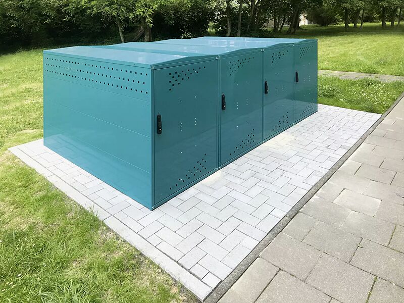 Fahrradgarage LEXINGTON NEW, 1 Grund- und 3 Anbaueinheiten mit Giebeldach, mit Profilhalbzylinderschloss, Türanschlag DIN rechts, Stahlkonstruktion in RAL 5021 wasserblau