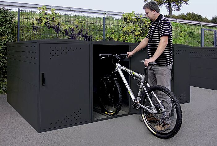 Fahrradgarage LEXINGTON NEW, 1 Grund- und 3 Anbaueinheiten mit Giebeldach, mit Profilhalbzylinderschloss, Türanschlag DIN rechts, Stahlkonstruktion in RAL 7016 anthrazitgrau