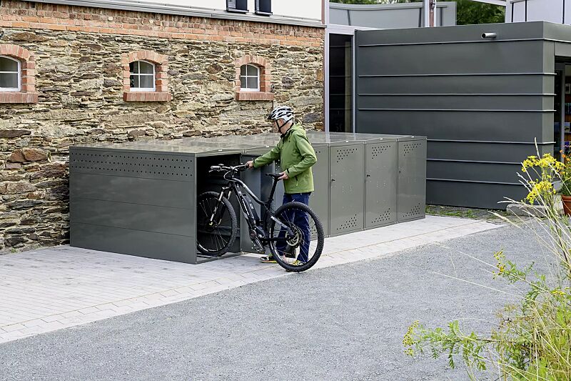 fahrradgarage-lexington__shoKAT0071442 Fahrradgarage LEXINGTON NEW mit Giebeldach, 1 Grund und 5 Anbaueinheiten, Türanschlag DIN rechts, Münzpfandschloss, Stahlkonstruktion in RAL 7009 grüngrau