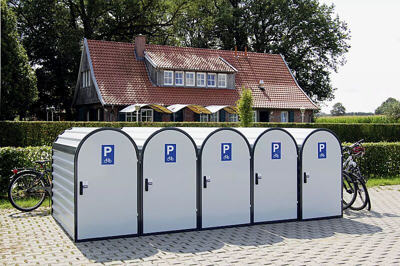 fahrradgarage-metis__shoKAT0038942 Fahrradgarage METIS, Türanschlag DIN rechts, Rahmen RAL 7016 anthrazitgrau, Dach, Rück- und Seitenwände, Tür in RAL 7035 lichtgrau (Aufkleber gegen Mehrpreis)