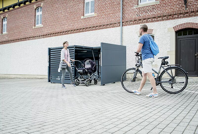 Fahrradgarage STYLEOUT® BIKE LINIS, Rück-, Seitenwände und Schiebetüren in RAL 7016 anthrazitgrau, Dach Aluminium eloxiert, mit Ablagefläche und Steckdosenleiste (Zubehör)