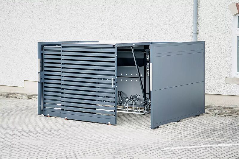 Fahrradgarage STYLEOUT® BIKE LINIS, Rück-, Seitenwände und Schiebetüren in RAL 7016 anthrazitgrau, Dach Aluminium eloxiert, mit Ablagefläche und Steckdosenleiste (Zubehör)
