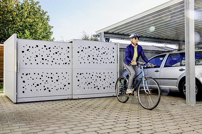 Fahrradgarage STYLEOUT® BIKE T, Stahlkonstruktion in RAL 9006 weißaluminium, Dach Aluminium eloxiert