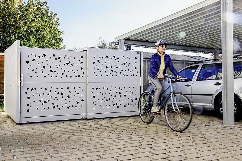 Fahrradgarage STYLEOUT® BIKE TOMO, Rück-, Seitenwände und Schiebetüren in RAL 9006 weißaluminium, Dach Aluminium eloxiert
