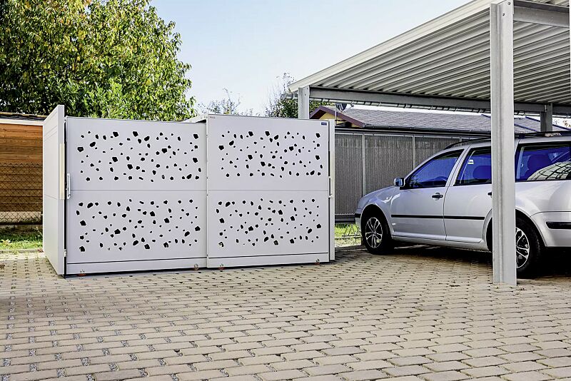 Fahrradgarage STYLEOUT® BIKE TOMO, Rück-, Seitenwände und Schiebetüren in RAL 9006 weißaluminium, Dach Aluminium eloxiert