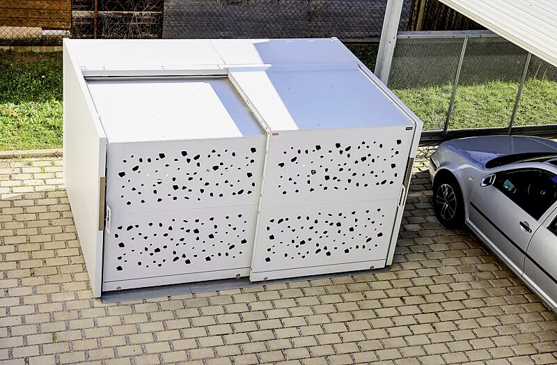 Fahrradgarage STYLEOUT® BIKE TOMO, Rück-, Seitenwände und Schiebetüren in RAL 9006 weißaluminium, Dach Aluminium eloxiert