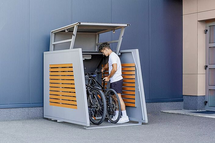 Fahrradgarage STYLEOUT® BIKEBOX LINIS, Seitenwände mit Lamellen in Holzdekor Douglasie, Aluminiumkonstruktion in RAL 9006 weißaluminium