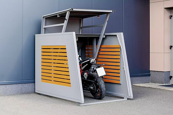 Fahrradgarage STYLEOUT® BIKEBOX LINIS, Seitenwände mit Lamellen in Holzdekor Douglasie, Aluminiumkonstruktion in RAL 9006 weißaluminium