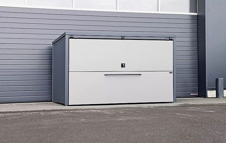 Fahrradgarage STYLEOUT® GARAGE, Stahlkonstruktion in RAL 7016 anthrazitgrau, Öffnungsklappe in RAL 9007 graualuminium