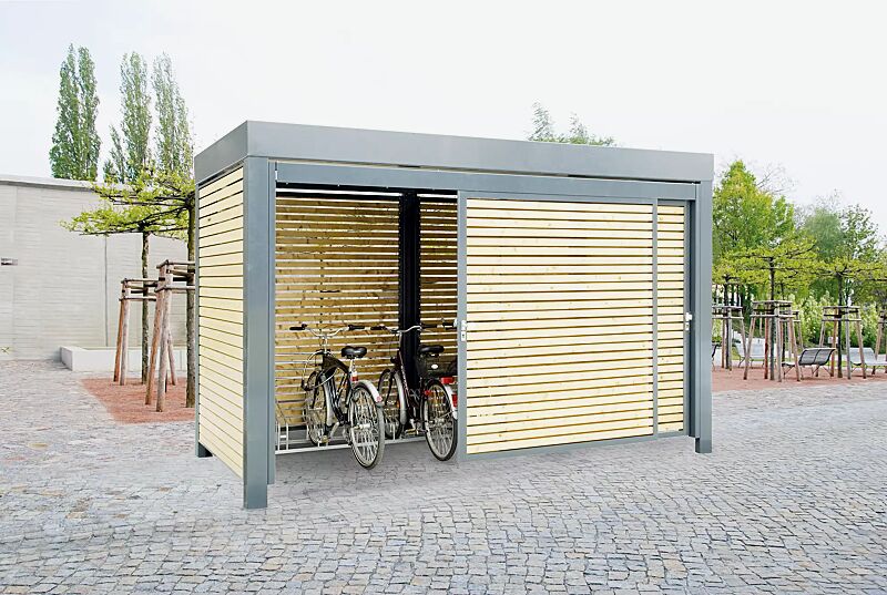 fahrradhaus-multiport__shoKAT0016889 Fahrradhaus MULTIPORT®, Dachbreite x Dachtiefe 4030 mm x 2580 mm, mit Wänden und Schiebetür, einteilig, aus waagerechter Holzbelattung, Stahlkonstruktion in RAL 7016 anthrazitgrau