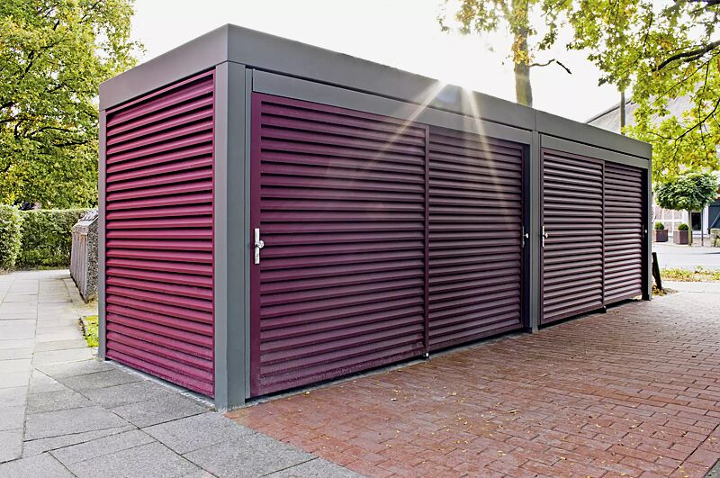 fahrradhaus-multiport__shoKAT0035228 Fahrradhaus MULTIPORT®, Dachbreite x Dachtiefe 7910 mm x 2580 mm, für bis zu 12 Fahrräder, Wände und Schiebetür, einteilig, mit blickdichter Z-Profillamelle