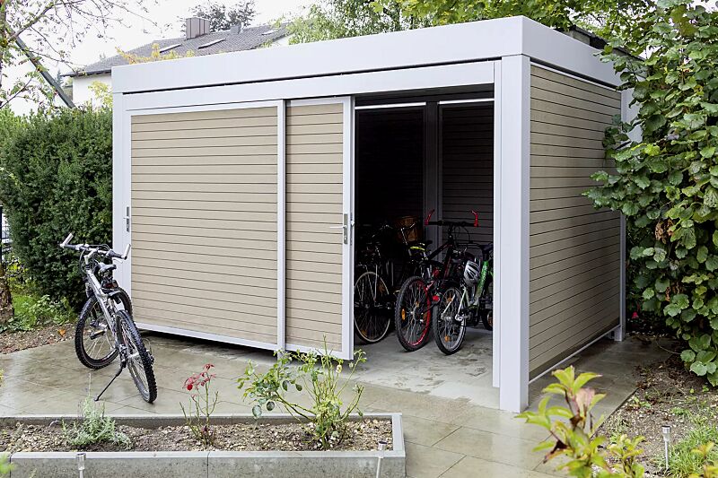 fahrradhaus-multiport__shoKAT0052479 Fahrradhaus MULTIPORT®, Dachbreite x Dachtiefe 4030 mm x 2580 mm, mit Wänden und Schiebtür, WPC-Rhombus-Profil Terra dunkelbraun, Stahlkonstruktion in RAL 7036 platingrau