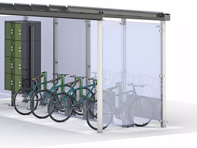 Fahrradparksystem BIKEEP, Reihenaufstellung, mit kundenspezifischer RFID-Zugangsberechtigung, integriert in Fahrradüberdachung PEGASUS, mit Schließfachanlage SECURE