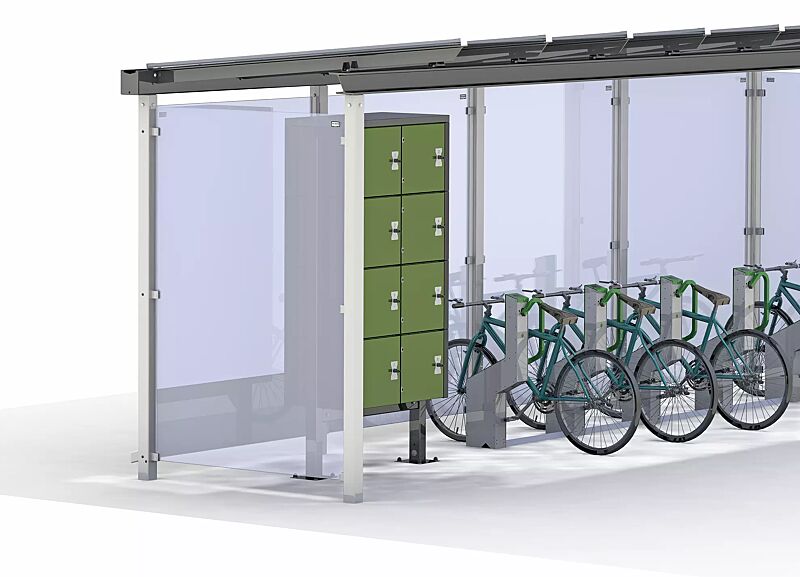 Fahrradparksystem BIKEEP, Reihenaufstellung, mit kundenspezifischer RFID-Zugangsberechtigung, integriert in Fahrradüberdachung PEGASUS, mit Schließfachanlage SECURE