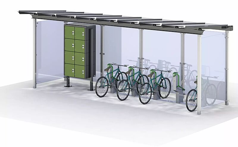 Fahrradparksystem BIKEEP, Reihenaufstellung, mit kundenspezifischer RFID-Zugangsberechtigung, integriert in Fahrradüberdachung PEGASUS, mit Schließfachanlage SECURE