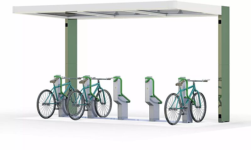 Fahrradparksystem BIKEEP, Reihenaufstellung, mit kundenspezifischer RFID-Zugangsberechtigung, integriert in Fahrradüberdachung PURE