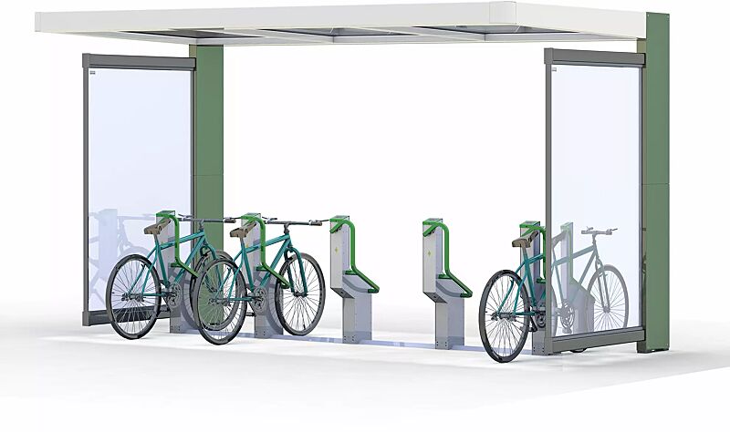 Fahrradparksystem BIKEEP, Reihenaufstellung, mit kundenspezifischer RFID-Zugangsberechtigung, integriert in Fahrradüberdachung PURE