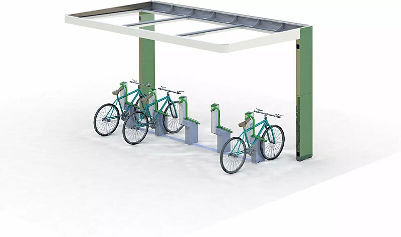 Fahrradparksystem BIKEEP, Reihenaufstellung, mit kundenspezifischer RFID-Zugangsberechtigung, integriert in Fahrradüberdachung PURE