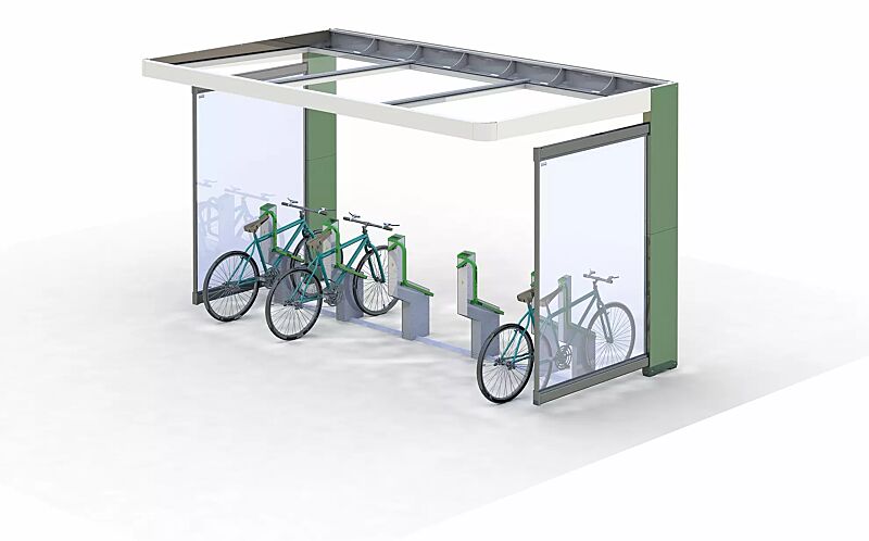 Fahrradparksystem BIKEEP, Reihenaufstellung, mit kundenspezifischer RFID-Zugangsberechtigung, integriert in Fahrradüberdachung PURE