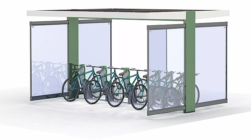 Fahrradparksystem BIKEEP, Reihenaufstellung, mit kundenspezifischer RFID-Zugangsberechtigung, integriert in Fahrradüberdachung PURE