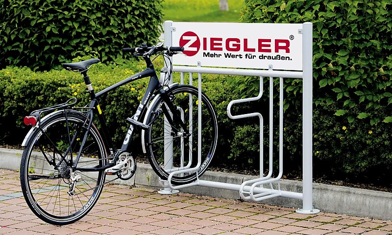 fahrradstaender-adelaide__shoKAT0059038 Fahrradständer ADELAIDE einseitig, zum Aufdübeln, 2 Stellplätze, mit Werbeschild, feuerverzinkt