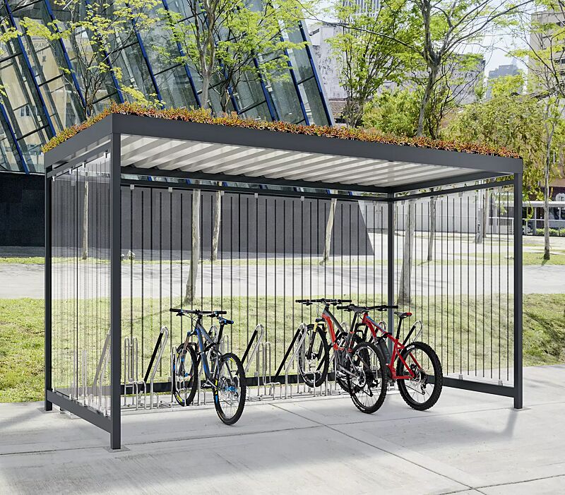 Fahrradüberdachung AQUILA GREEN, Dachbreite x Dachtiefe 4195 mm x 2165 mm, zum Aufdübeln bei -200 mm, Rück- / Seitenwände ESG, Klarglas inklusive Siebdruckdekor, Fahrradständer OAKLAND, Stahlkonstruktion in RAL 7016 anthrazitgrau
