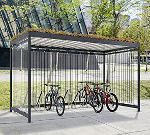 Fahrradüberdachung AQUILA GREEN, Dachbreite x Dachtiefe 4195 mm x 2165 mm, zum Aufdübeln bei -200 mm, Rück- / Seitenwände ESG, Klarglas inklusive Siebdruckdekor, Fahrradständer OAKLAND, Stahlkonstruktion in RAL 7016 anthrazitgrau