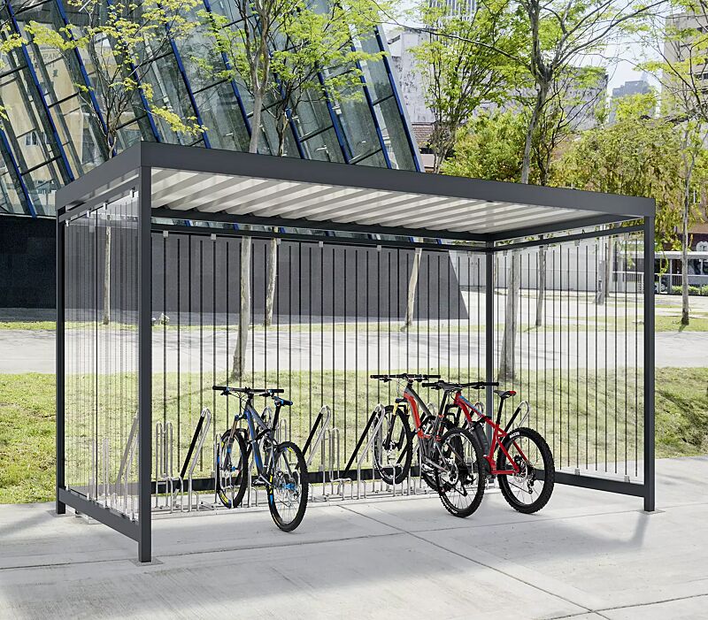 Fahrradüberdachung AQUILA, Dachbreite x Dachtiefe 4195 mm x 2165 mm, Rück- / Seitenwände ESG, Klarglas inklusive Siebdruckdekor, Fahrradständer OAKLAND, Stahlkonstruktion in RAL 7016 anthrazitgrau