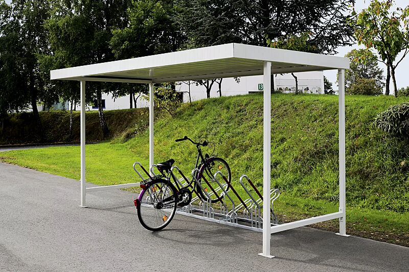 fahrradueberdachung-aries__shoKAT0056578 Fahrradüberdachung ARIES, einseitig, Dachbreite x Dachtiefe 4390 mm x 2200 mm, mit Fahrradständer DENVER, Stahlkonstruktion in RAL 9002 grauweißFahrradüberdachung ARIES Dachbreite x Dachtiefe 4390 mm x 2200 mm, Stahlkonstruktion feuerverzinkt und pulve...