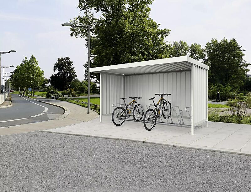 fahrradueberdachung-aries__shoKAT0056579 Fahrradüberdachung ARIES, einseitig, Dachbreite x Dachtiefe 4390 mm x 2200 mm, mit Rück- und Seitenwänden, mit Fahrradständer MODESTA, Stahlkonstruktion in RAL 9002 grauweiß