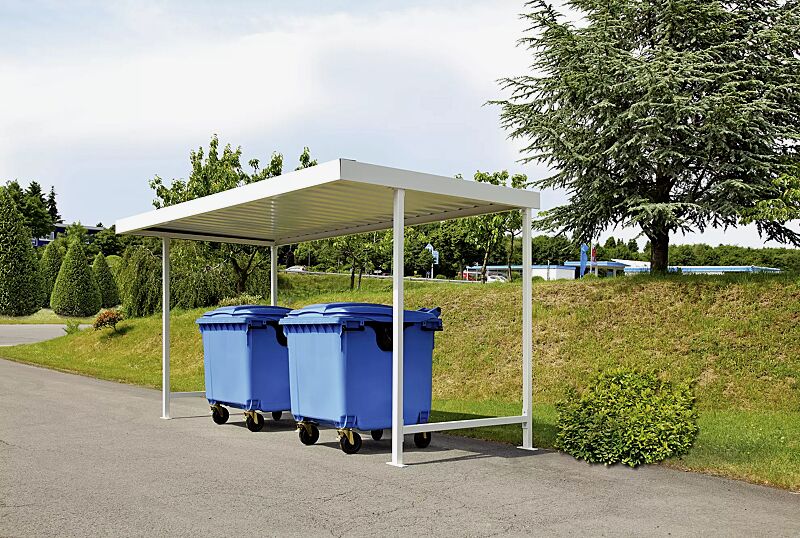 fahrradueberdachung-aries__shoKAT0060760 Wertstoffüberdachung ARIES, einseitig, Dachbreite x Dachtiefe 4390 mm x 4400 mm, Stahlkonstruktion in RAL 9002 grauweiß