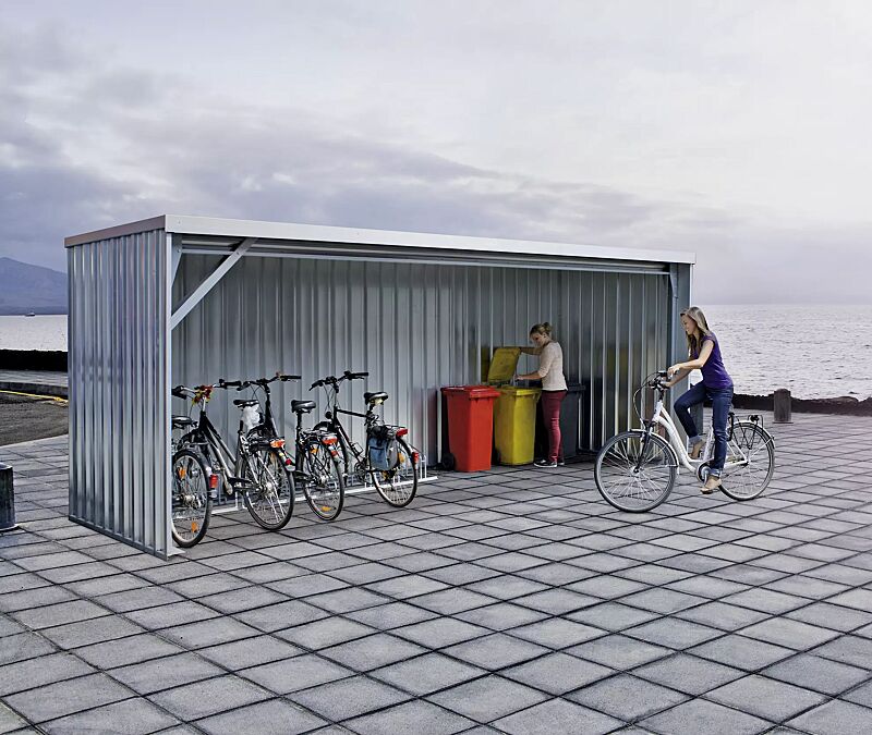 Fahrradüberdachung BALTIMORE, Dachbreite x Dachtiefe 6100 mm x 2300 mm, Stahlkonstruktion feuerverzinkt, inkl. Rück-, Seitenwänden und Dacheindeckung in Stahltrapezblech