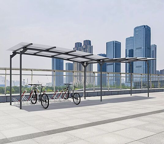 Fahrradüberdachung CANIS, Dachbreite x Dachtiefe 9100 mm x 2500 mm, mit Flügeldach, Fahrradständer NEW YORK, Stahlkonstruktion in RAL 7016 anthrazitgrau