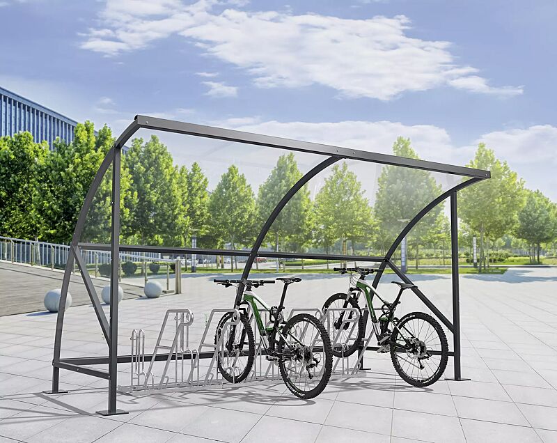 Fahrradüberdachung CEPHEUS, Dachbreite x Dachtiefe 4130 mm x 2100 mm, Dach und Seitenwände aus Polycarbonat, Fahrradständer RIVERSIDE, Stahlkonstruktion in RAL 7016 anthrazitgrau