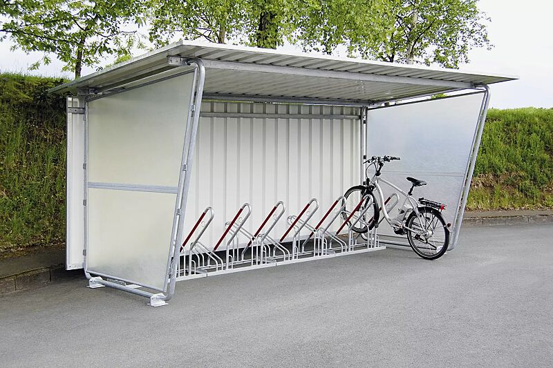 fahrradueberdachung-indus__shoKAT0056582 Fahrradüberdachung INDUS, Dachbreite x Dachtiefe 4800 mm x 2330 mm, einseitig, mit Rück- / Seitenwänden sowie Fahrradständer NEW YORK, Stahlkonstruktion feuerverzinkt