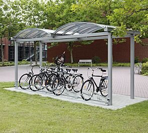 Fahrradüberdachung KALLISTO, Dachbreite x Dachtiefe 5120 mm x 2250 mm, ohne Rück- / Seitenwände, mit Fahrradständer UNIVERSAL, Stahlkonstruktion in RAL 9007 graualuminium