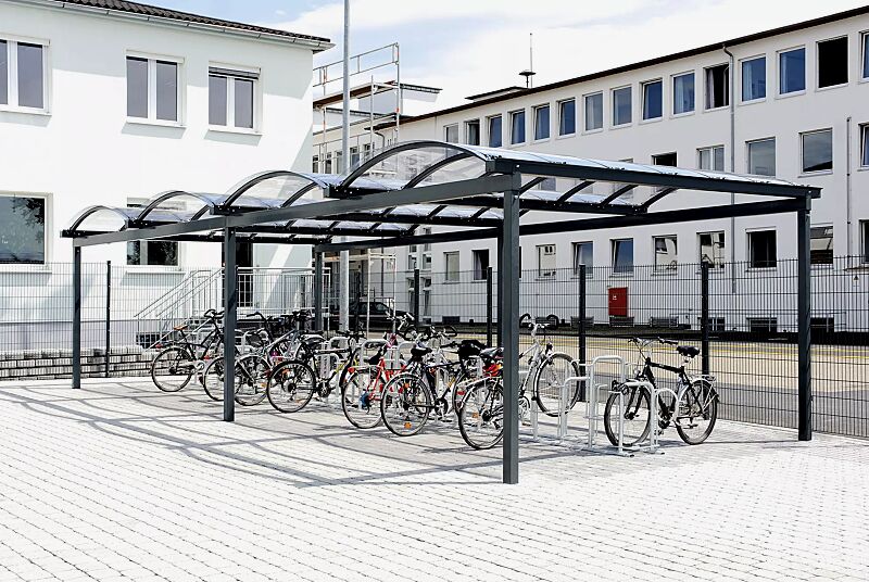 fahrradueberdachung-kallisto__shoKAT0014492 Fahrradüberdachung KALLISTO, Dachbreite x Dachtiefe 10120 mm x 5000 mm, mit Fahrradparker MISSOURI, Stahlkonstruktion in RAL 7016 anthrazitgrau