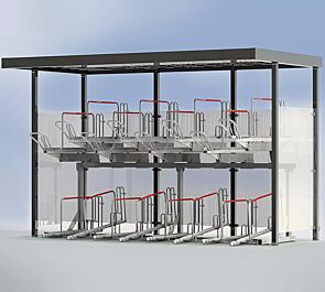 Fahrradüberdachung LUNA, Dachbreite x Dachtiefe 4660 mm x 2400 mm, Rück- und Seitenwände ESG, Klarglas, Doppelstock-Fahrradparksystem FLEXHUB, Stahlkonstruktion in RAL 7016 anthrazitgrau
