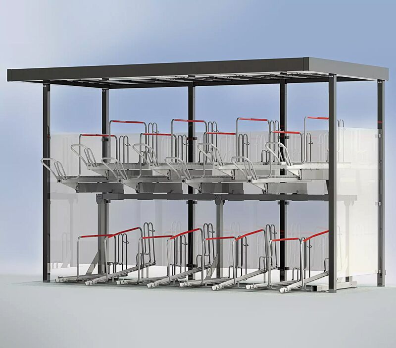 Fahrradüberdachung LUNA, Dachbreite x Dachtiefe 4660 mm x 2400 mm, Rück- und Seitenwände ESG, Klarglas, Doppelstock-Fahrradparksystem FLEXHUB, Stahlkonstruktion in RAL 7016 anthrazitgrau