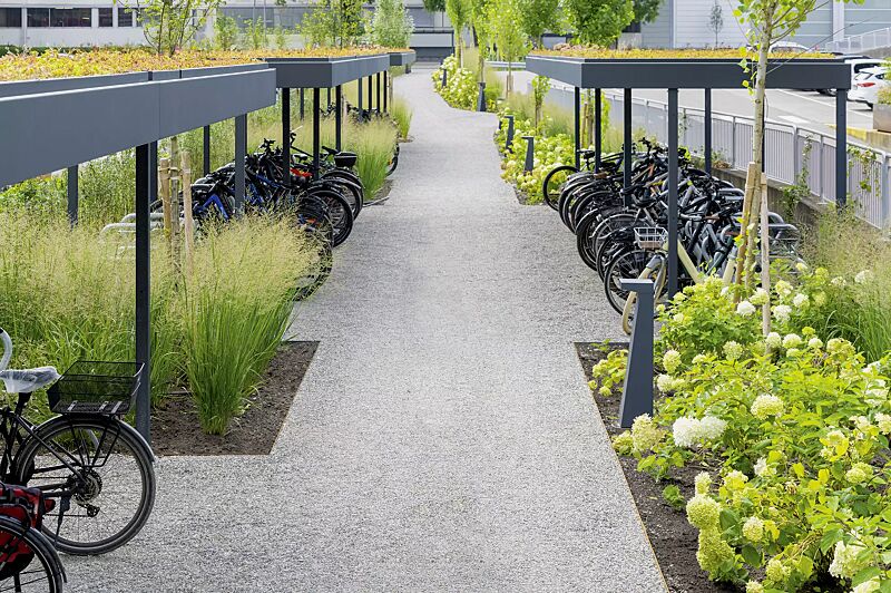 fahrradueberdachung-luna-green__shoKAT0076458 Fahrradüberdachung LUNA GREEN inklusive Dachbegrünungssystem MOBIROOF, Dachbreite x Dachtiefe 13660 mm x 2400 mm, Stahlkonstruktion in RAL 7016 anthrazitgrau