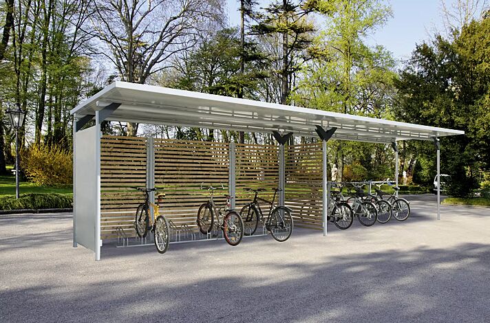 Fahrradüberdachung MATRIX Dachbreite x Dachtiefe 10090 mm x 2750 mm, einseitig, Rück- und 1 Seitenwand mit Holzbelattung, 1 Seitenwand Planenstoff, Stahlkonstruktion pulverbeschichtet in RAL 9006
